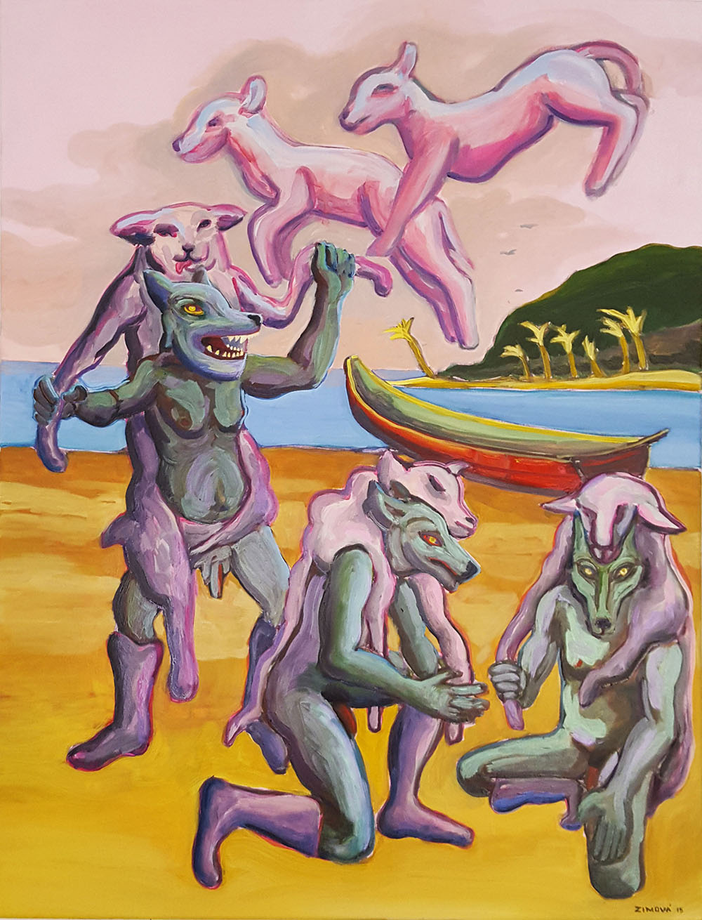 Jana Zimová, Wolves in Sheep Clothes, 80×100 cm, Öl auf Leinwand, 2015