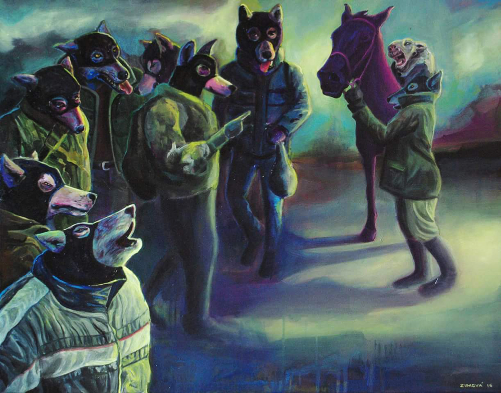 Jana Zimová, Wolves in Sheep Clothes: Preparation of the Trojan Horse, 90×70 cm, Öl auf Leinwand, 2016