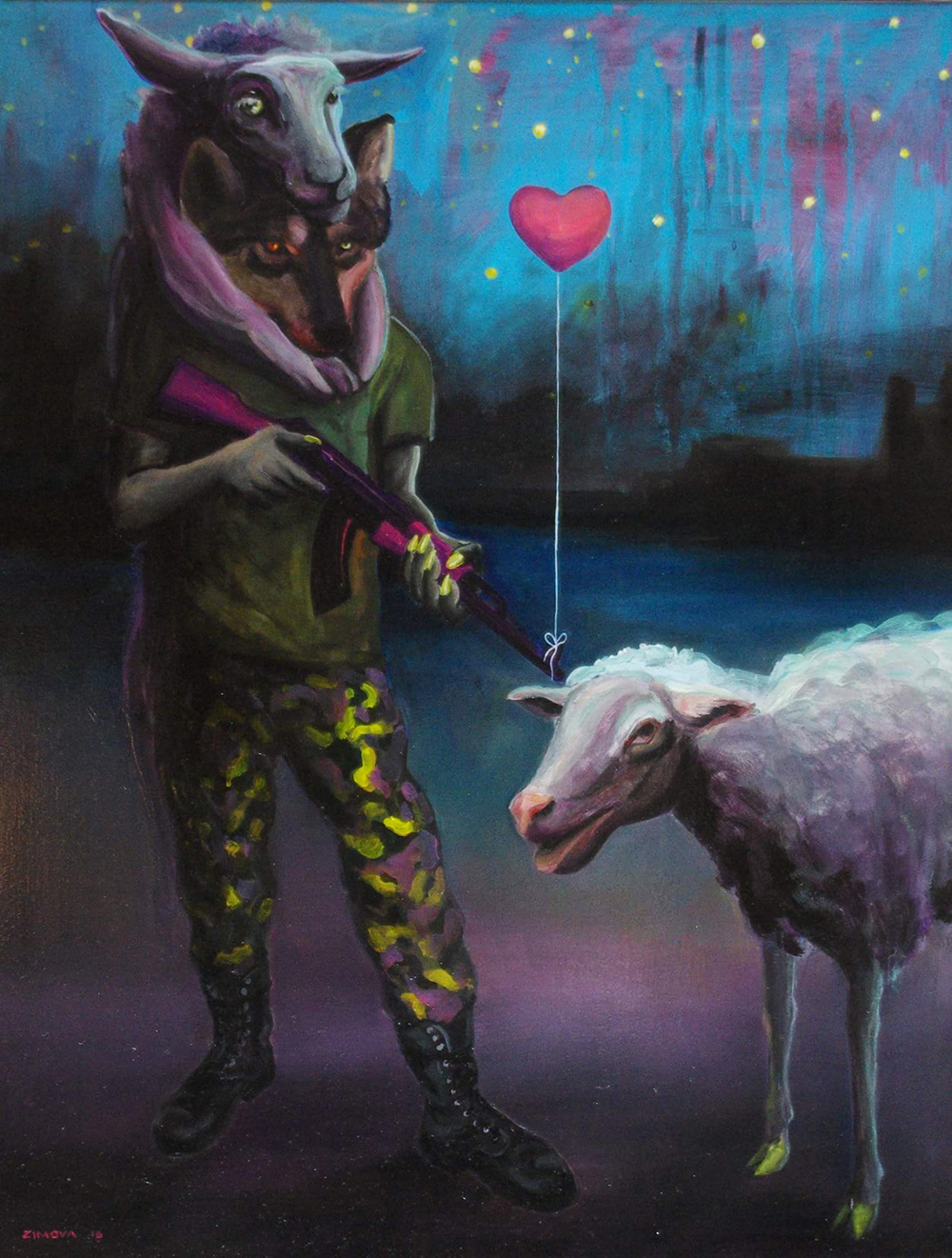 Jana Zimová, Wolves in Sheep Clothes: Welcome, 70×90 cm, Öl auf Leinwand, 2016